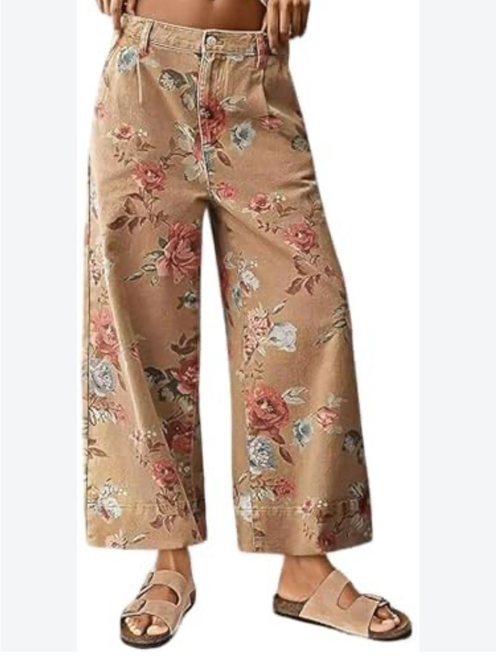 Tan floral Cottagecore pull on wide leg jeans size Medium 6-8